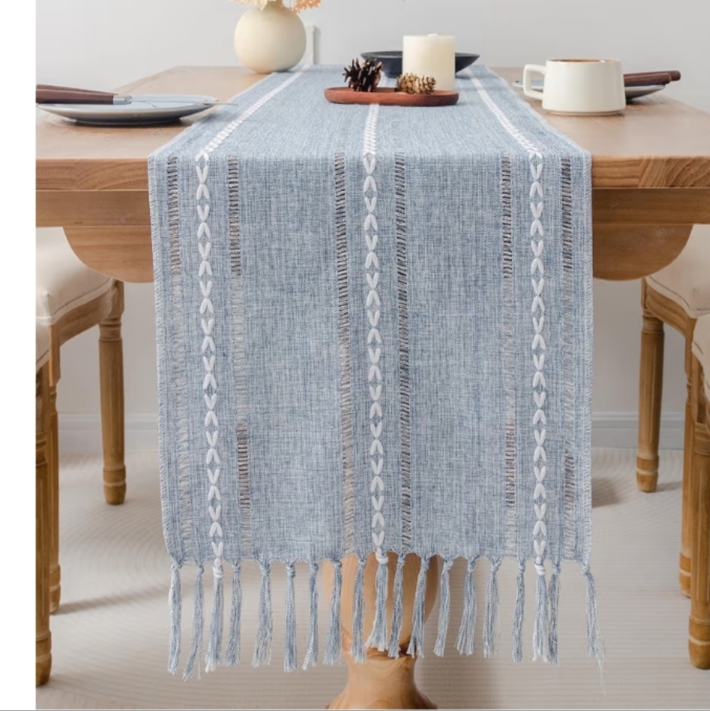 Boho Linen Farmhouse Style Blue Striped Table Runner 13x108‎